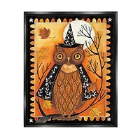 Stupell Industries Seasonal Autumn Owl Moonlit Night Framed Floater Canvas Wall Art