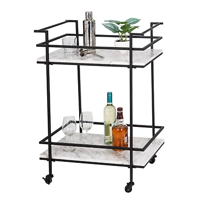 Honey Can Do 2-Tier Black & White Faux Marble Rolling Bar & Serving Cart