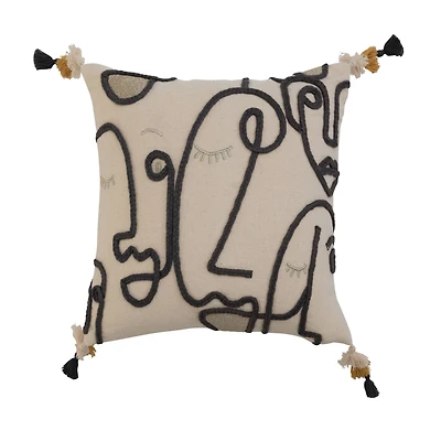Hello Honey® Multicolored Cotton Slub Pillow with Embroidery Abstract Face Design and Tassels