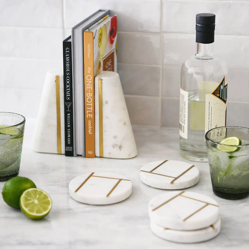 Hello Honey® White Round Marble Coaster Set with Brass Inlay