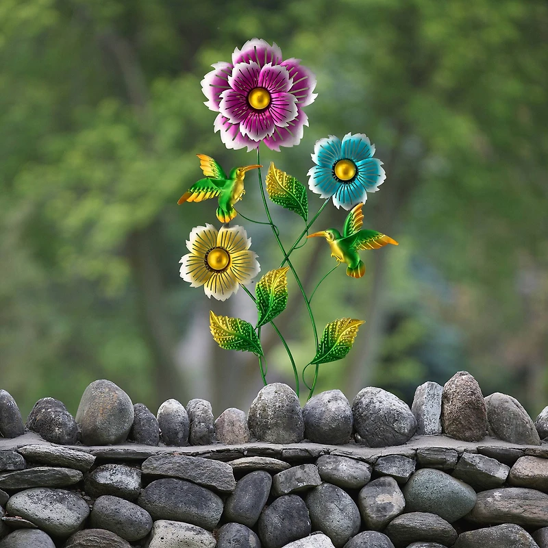 Glitzhome® 34" Flowers & Hummingbirds Garden Stake