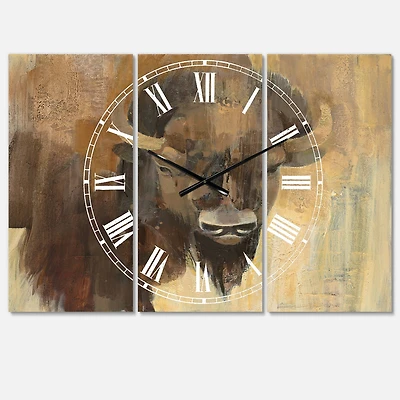 Designart Into The Wild Gold Buffalo Farmhouse 3 Panel Wall Clock