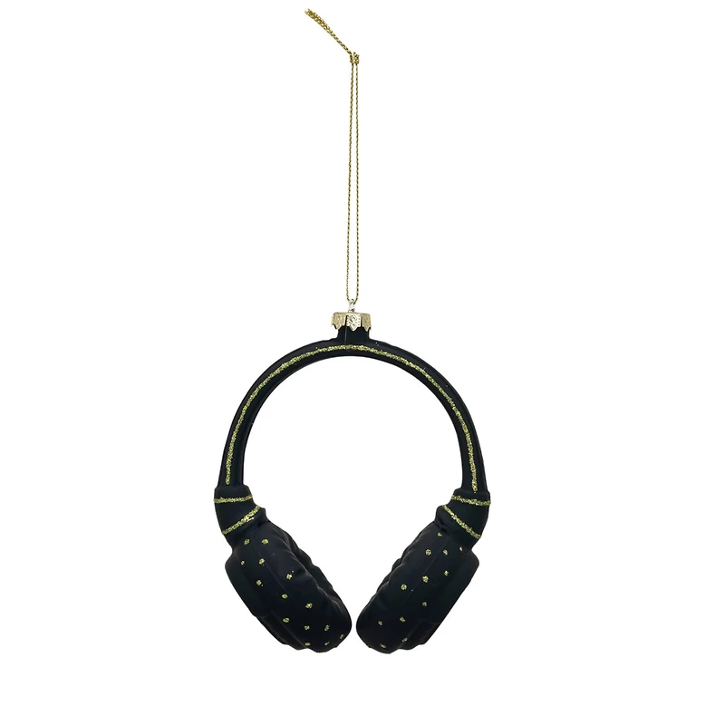 Hello Honey® 4.5" Black Headphones Glass & Resin Ornament with Glitter