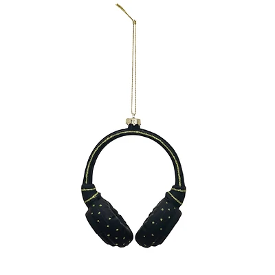 Hello Honey® 4.5" Black Headphones Glass & Resin Ornament with Glitter