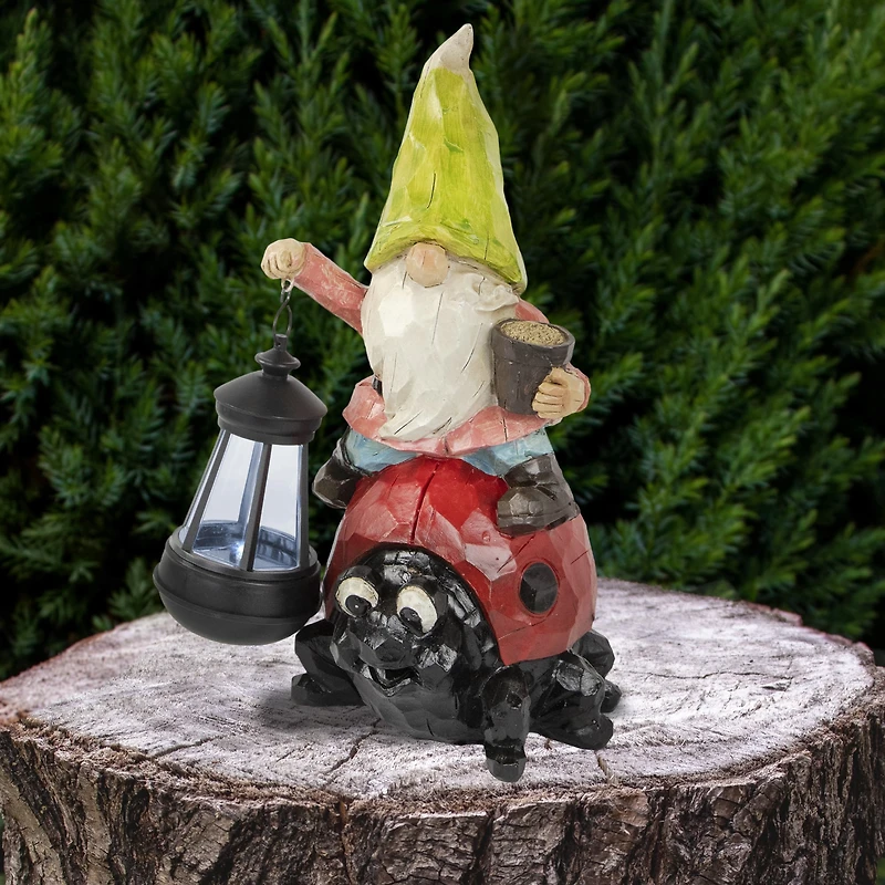 12.25" Solar LED-Lit Gnome & Ladybug Outdoor Garden Statue