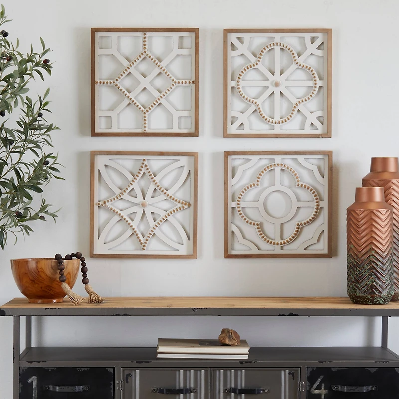 White Wood Beaded Geometric Wall Decor Set of 4 15", 15"