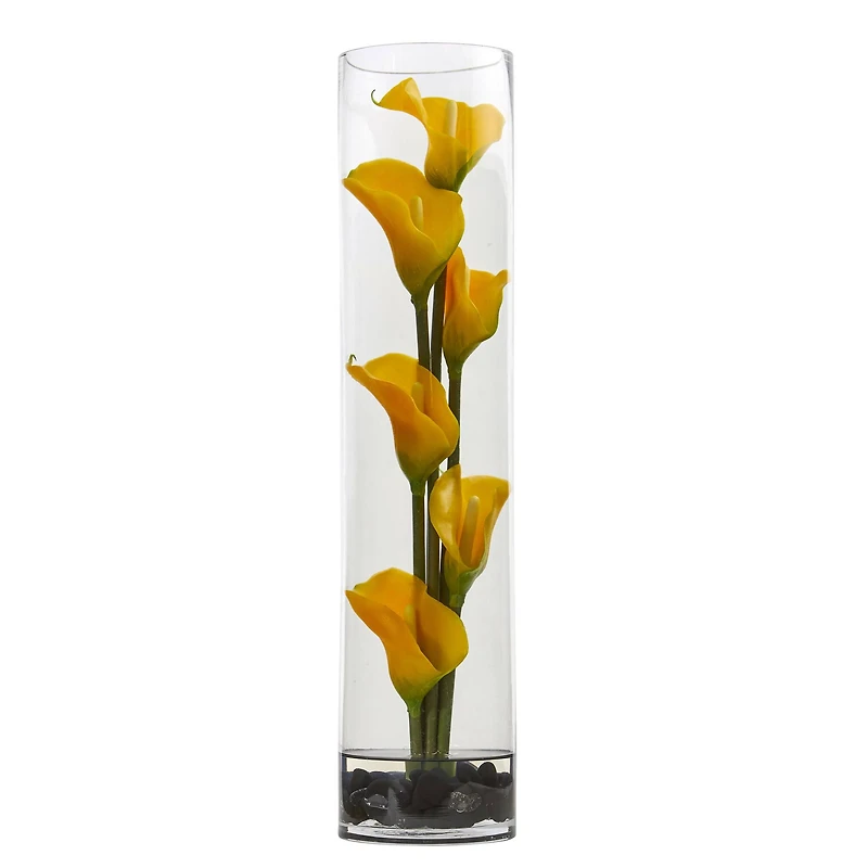 18" Yellow Mini Calla Lily Arrangement in Cylinder Glass Vase