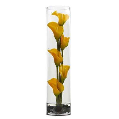 18" Yellow Mini Calla Lily Arrangement in Cylinder Glass Vase