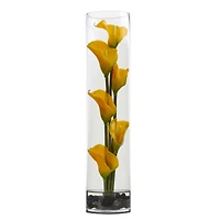 18" Yellow Mini Calla Lily Arrangement in Cylinder Glass Vase