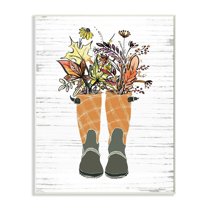 Stupell Industries Fall Foliage in Boots Wooden Wall Plaque