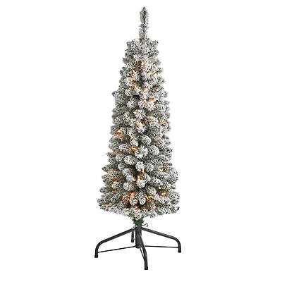 4ft. Pre-Lit Flocked Pencil Artificial Christmas Tree with Clear LED Lights