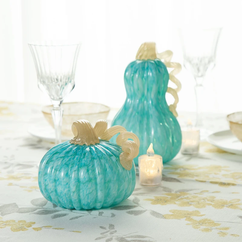 Glitzhome® 6" Fall Turquoise Round Glass Pumpkin