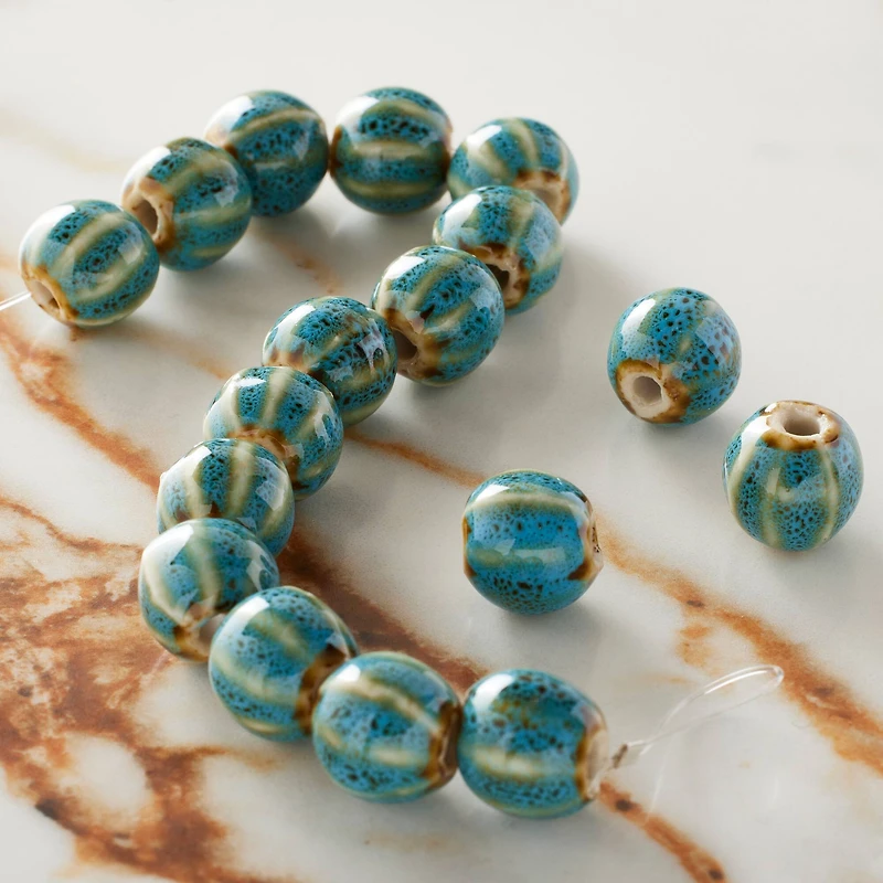 Turquoise Ceramic Round Melon Beads, 10mm by Bead Landing™
