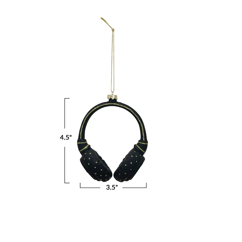 Hello Honey® 4.5" Black Headphones Glass & Resin Ornament with Glitter