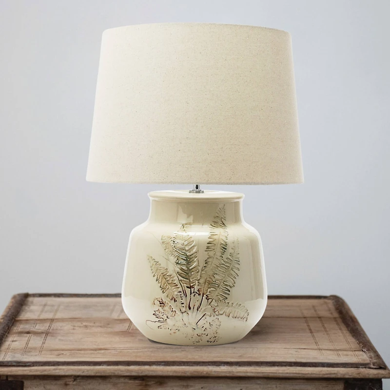 Hello Honey® 22" Cream and Green Reactive Crackle Glaze Debossed Botanical Stoneware Table Lamp with Linen Shade Set