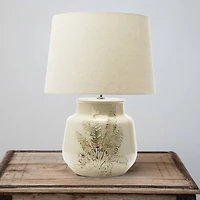 Hello Honey® 22" Cream and Green Reactive Crackle Glaze Debossed Botanical Stoneware Table Lamp with Linen Shade Set
