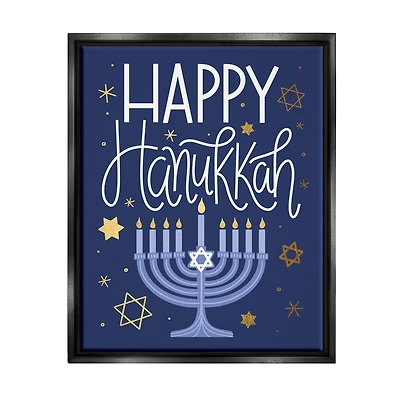Stupell Industries Happy Hanukkah Blue Menorah Pattern Framed Floater Canvas Wall Art