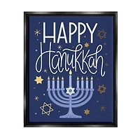 Stupell Industries Happy Hanukkah Blue Menorah Pattern Framed Floater Canvas Wall Art