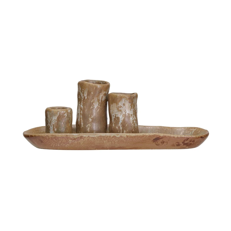 Hello Honey® Brown Stoneware Vases & Candle Holder on Tray