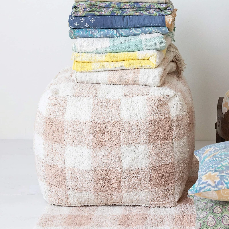 Hello Honey® 18" Blush & Cream Plaid Cotton Tufted Pouf