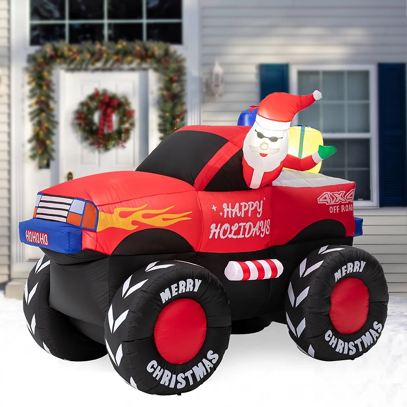 Glitzhome® 7ft. LED Lighted Santa Claus Pickup Truck Inflatable Décor