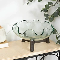 9" Clear Glass Floral Inspired Serving Bowl with Bronze Hammered Y-Shaped Stand