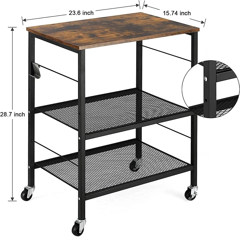Rustic Brown Kitchen Baker's Rack 3-Tier Mesh Kitchen Storage Cart