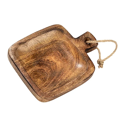 Hello Honey® 9" Hand-Carved Mango Wood Serving Board with Handle & Jute Tie