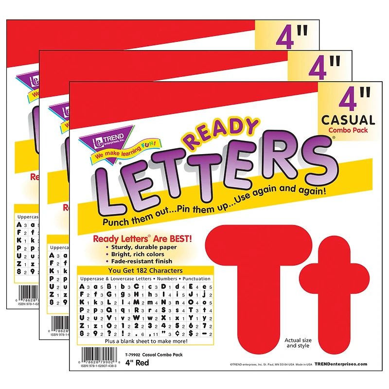 TREND Enterprises® 4" Red Casual Uppercase/Lowercase Combo Pack Ready Letters®, 3 Pack of 182