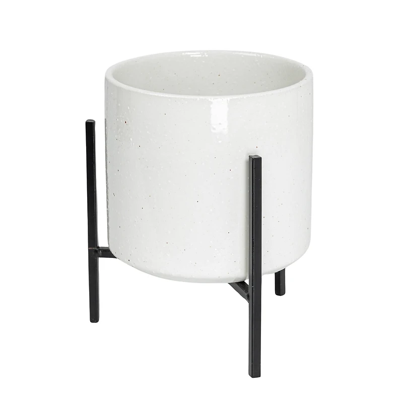 Hello Honey® 8" White Stoneware Flower Pot with Black Metal Stand