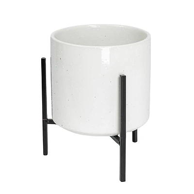 Hello Honey® 8" White Stoneware Flower Pot with Black Metal Stand