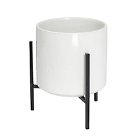 Hello Honey® 8" White Stoneware Flower Pot with Black Metal Stand