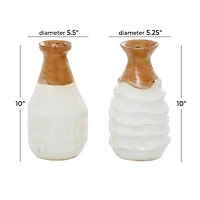 Set of 2 White Teak Wood Coastal Style Vase 6", 10"