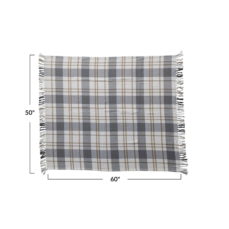 Hello Honey® Gray, Gold & White Plaid Brushed Cotton Flannel Throw with Fringe