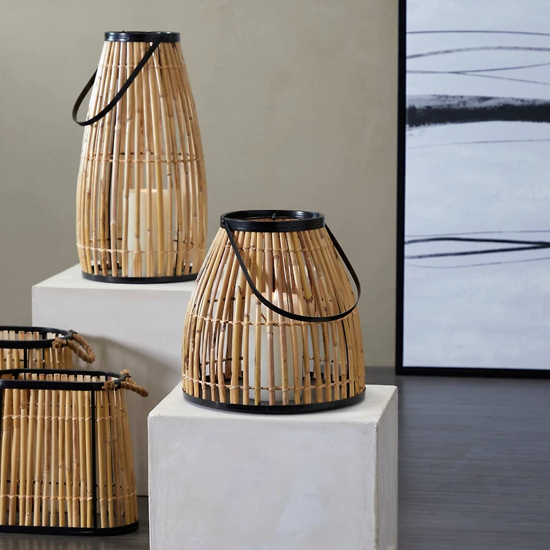 The Novogratz 15" Brown Wicker Handmade Slatted Frame Candle Lantern with Handle