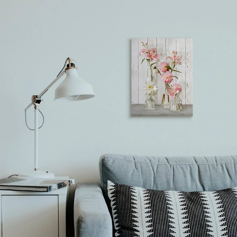 Stupell Industries Spring Pink Florals in Glass Jars Feminine Rustic Flowers Canvas Wall Art