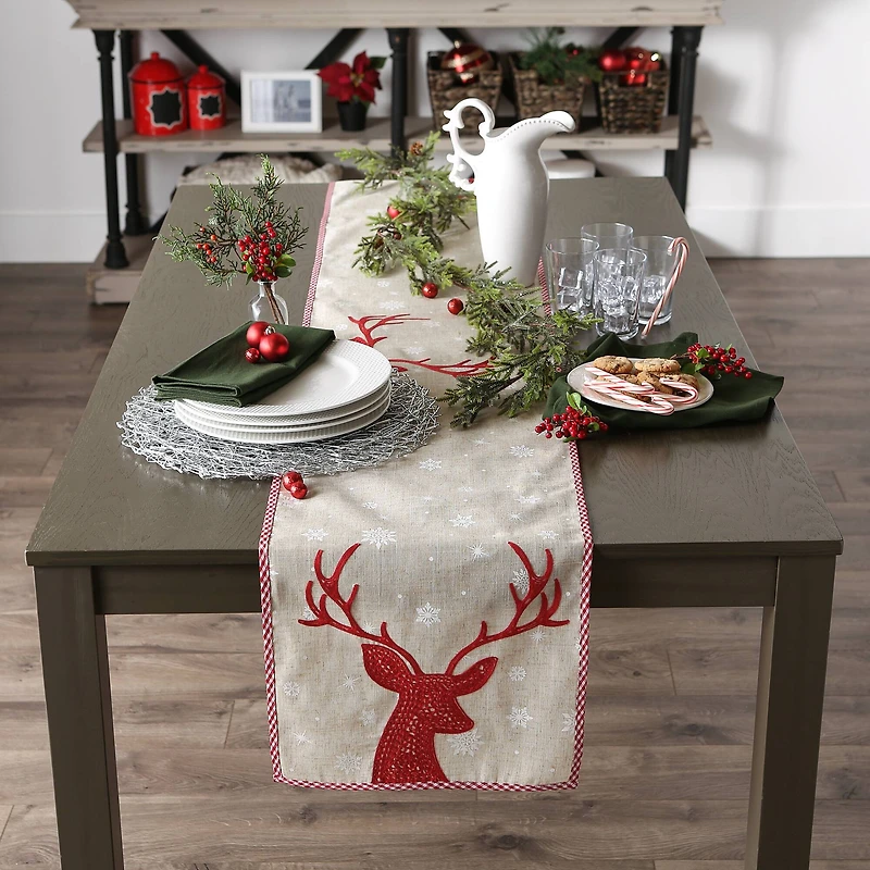 DII® 108" Red Reindeer Embroidered Table Runner