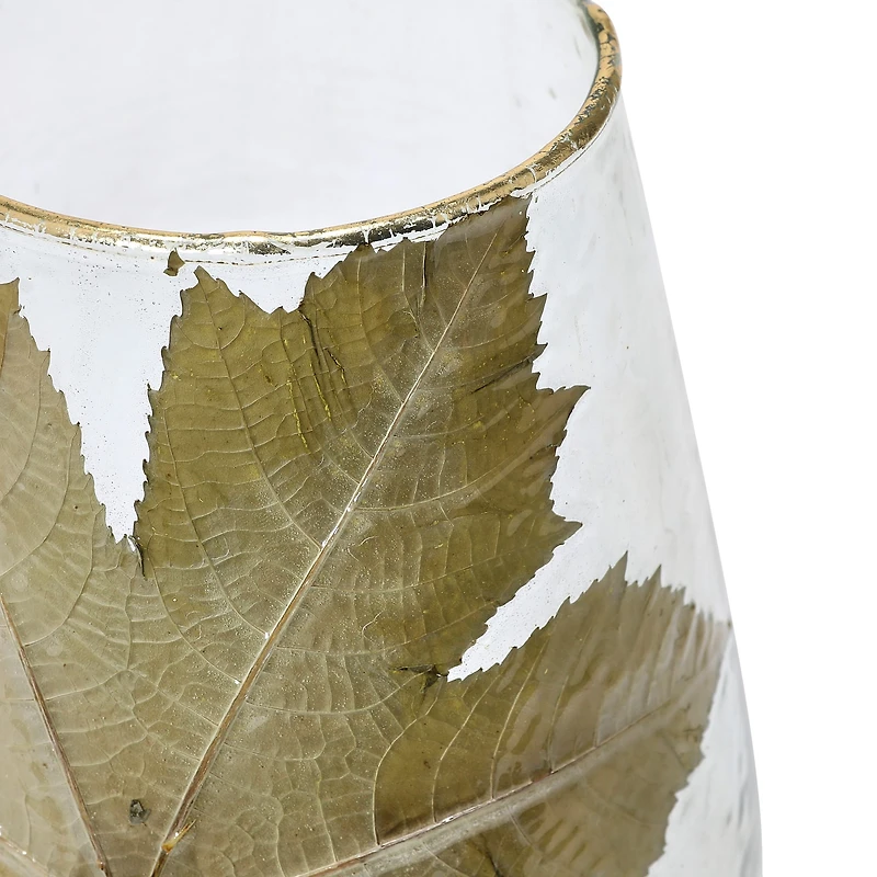 Hello Honey® 10" Embedded Papaya Leaves & Foil Edge Handblown Glass Hurricane