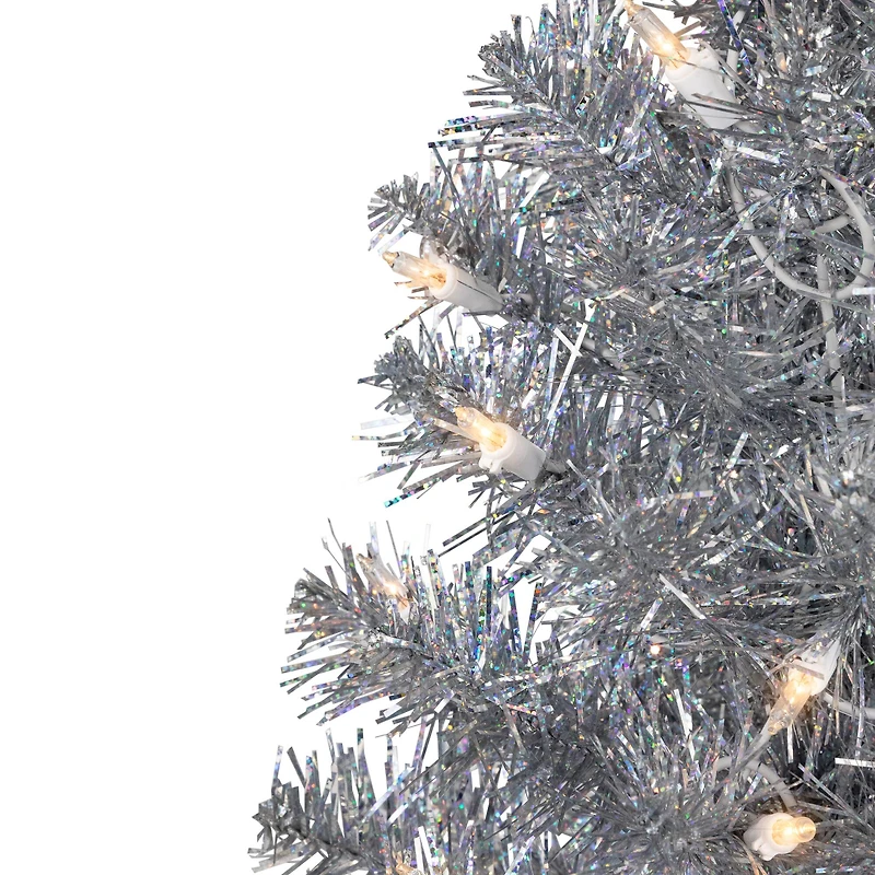 2ft. Pre-Lit Silver Iridescent Tinsel Artificial Christmas Tree, Clear Lights