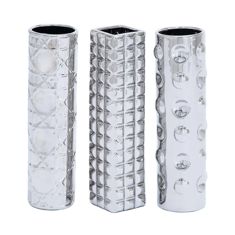 12" Silver Ceramic Glam Vase Set