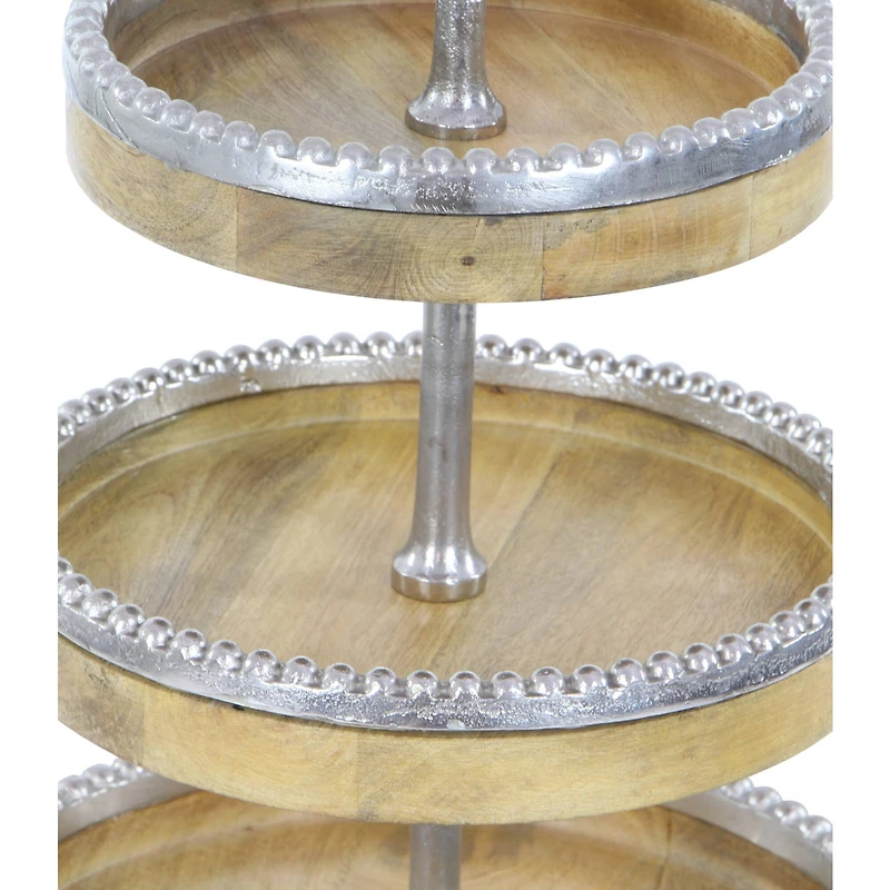 25" Brown Wood & Aluminum 3-Tier Tray Stand