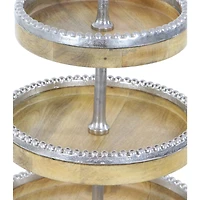 25" Brown Wood  & Aluminum 3-Tier Tray Stand