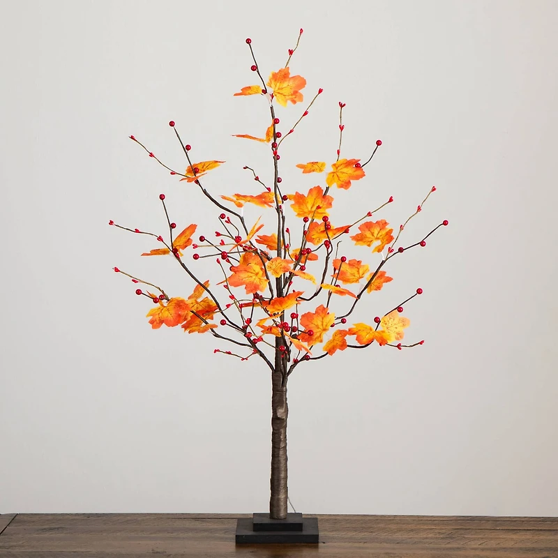 3ft. Pre-Lit Autumn Maple Artificial Fall Tree with Berries and 36 Warm White LED Lights
