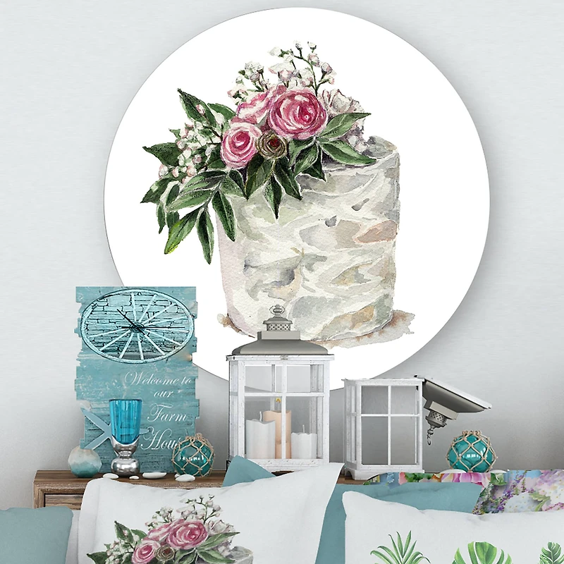 Designart - Pink Roses and White Flowers On Cake