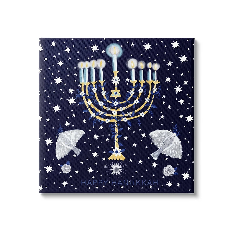 Stupell Industries Happy Hanukkah Starry Menorah Canvas Wall Art
