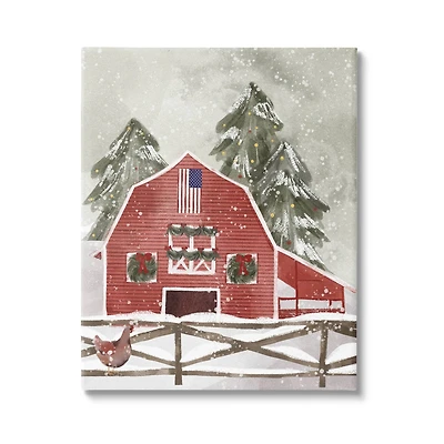 Stupell Industries Snowy Country Barn American Flag Canvas Wall Art