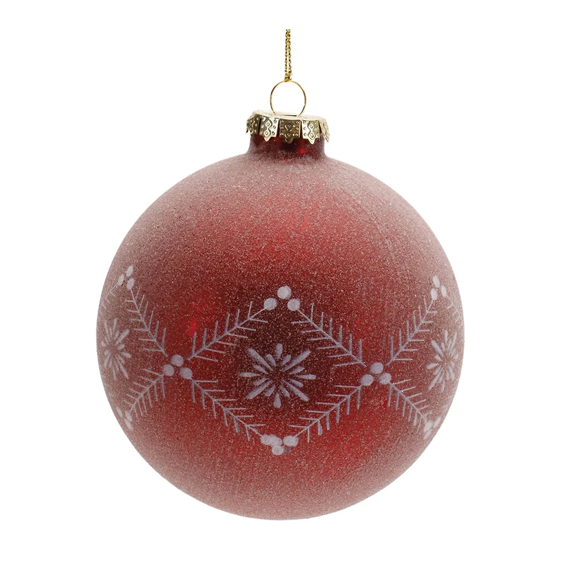 6 Pack Red Etched Frosted Glass Ball Ornaments