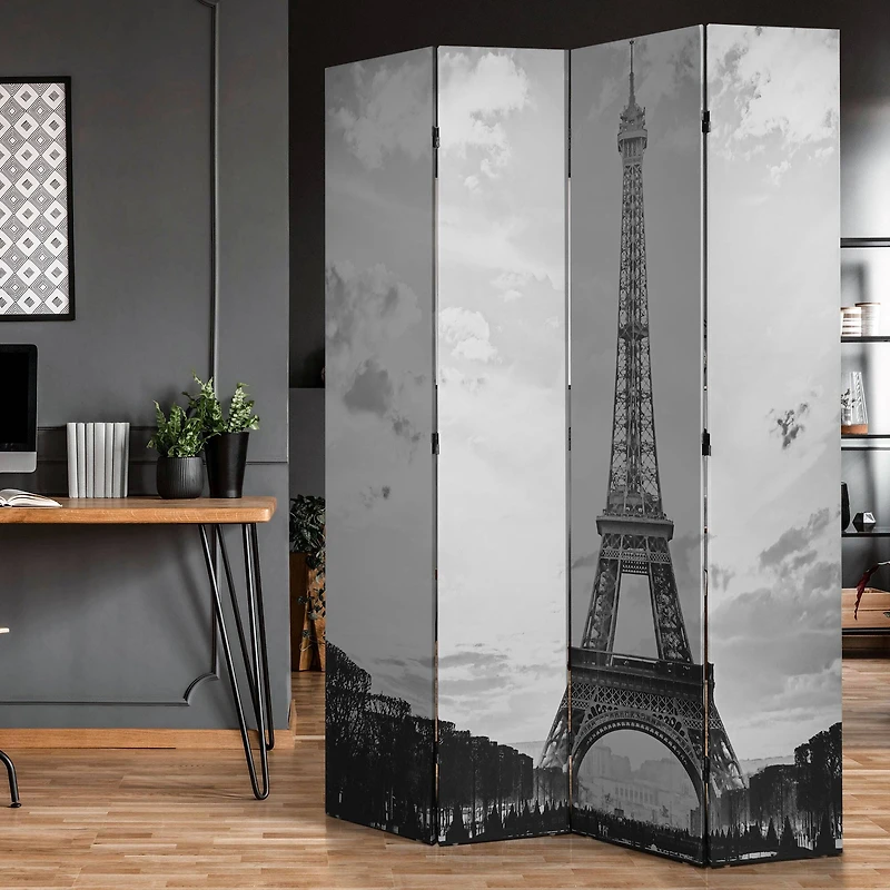 American Art Decor™ 6ft. Double-Sided 4-Panel Black and White Eiffel Tower & Notre Dame Bike Canvas Room Divider