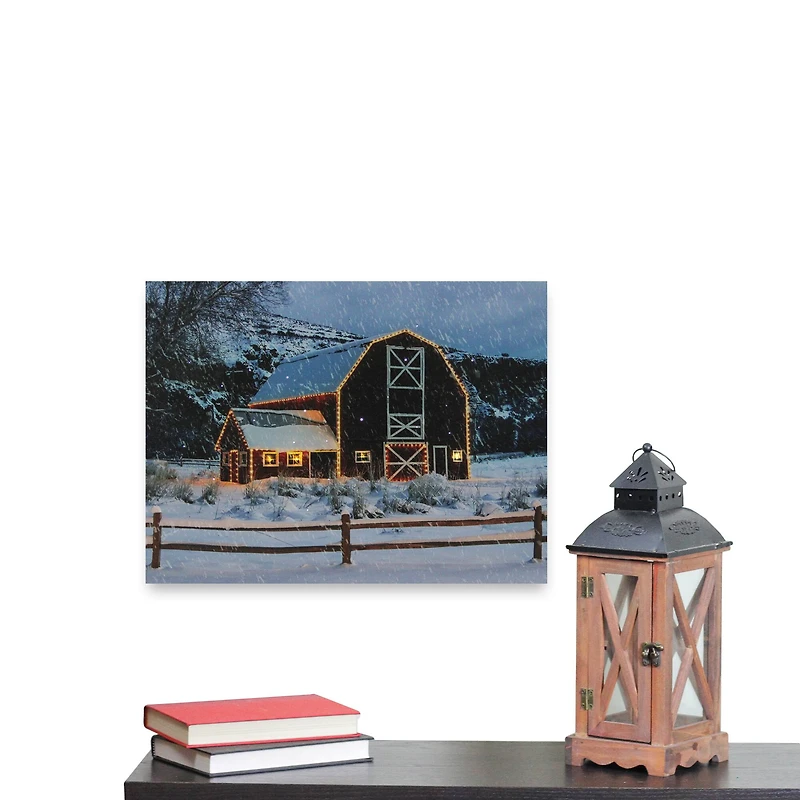 Snowy Red Barn LED Fiber Optic Canvas Wall Art