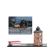 Snowy Red Barn LED Fiber Optic Canvas Wall Art